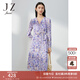 玖姿（JUZUI）幾何印花雪紡連衣裙女裝春款V領(lǐng)褶皺茶歇裙子紫 花紫 M