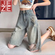 JEZE水泥灰破洞五分牛仔褲女2025夏季新款薄款寬松百搭梨型身中褲 水泥灰【官方】【z】 M 【建議100-110斤】