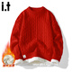 :CHOCOOLATE it本命年紅色針織衫男冬季加絨加厚保暖寬松圓領(lǐng)毛衣 紅色加絨 L 【建議105斤-120斤】