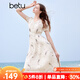 百圖betu女裝夏季新款連衣裙V領(lǐng)雪紡印花腰部打條連衣裙女2404T92 杏色 M