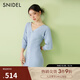 SNIDEL春夏優(yōu)雅修身V領(lǐng)泡泡袖魚(yú)尾針織連衣裙SWNO251140 藍紫色 均碼
