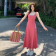 棉致遮副乳寬肩帶吊帶連衣裙女2025夏季新款海邊度假修身收腰長(cháng)裙 莓紅色 L 建議110-125斤
