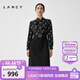 朗姿/LANCY春冬新款高腰飄帶拼接連衣裙羊毛真絲黑裙子女修身 夜幕黑色 2XL