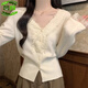 馨顏2025年軟糯蕾絲毛衣法式v領(lǐng)時(shí)髦秋冬女裝針織衫內搭打底開(kāi)衫上衣 杏色 S 建議80-95斤