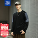 唐獅（TonLion）2025春男圓領(lǐng)袖筒拼接車(chē)明線(xiàn)長(cháng)袖T恤 黑色  2XL 