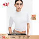 H&M女裝T恤夏季修身時(shí)尚休閑棉質(zhì)圓領(lǐng)顯瘦休閑五分袖上衣1267584 白色 M 165/96