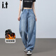 izzue美式復古加絨加厚牛仔褲女冬季高腰寬松彎刀長(cháng)褲