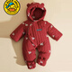 G.duck新生嬰兒衣服秋冬季棉服兔寶寶連體衣絨加厚套裝包腳外出抱衣冬裝 紅色刺繡 兔子包腳 59cm (0-3月)加絨加厚絨包