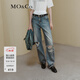 MO&Co.牛仔褲手工剪口爛洞高腰天絲棉直筒闊腿褲裝摩安珂 牛仔藍色 XXS 24