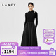 朗姿/LANCY秋秋季新款長(cháng)袖鏤空桑蠶絲裙子黑色中長(cháng)款拼接連衣裙女 夜幕黑色2 L