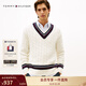 Tommy Hilfiger25秋冬新款男裝羊毛混紡美式學(xué)院風(fēng)撞色V領(lǐng)絞花針織衫毛衣 白色YBI L （推薦：150-165斤）