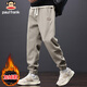 大嘴猴（paul frank）褲子男士秋冬季華夫格休閑褲男韓版重磅衛褲男褲運動(dòng)褲卡其色加絨