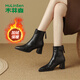 木林森（MULINSEN）短靴女冬季加絨女鞋2025最新洋氣尖頭短筒皮靴高跟靴子 黑色 37