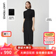 朗姿法式半高領(lǐng)針梭拼接五分袖中長(cháng)款連衣裙氣質(zhì)小黑裙春春新款 夜幕黑色 XL