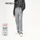 MO&Co.休閑褲含綿羊毛抽繩松緊高腰立體中線(xiàn)長(cháng)直筒寬松運動(dòng)褲軟糯風(fēng) 淺花灰色 S