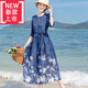 愛(ài)夸貓（AIKUAMAO）棉麻連衣裙中長(cháng)款剪標裝印花棉麻連衣裙夏季文藝旅行系帶收腰大擺 藍色 XL 【建議130-145斤】