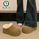 啄木鳥(niǎo)厚底增高包頭棉拖鞋毛毛鞋女加絨外穿冬季一腳蹬懶人勃肯棉鞋 棕色【加絨加厚】 37 (235mm)