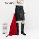 MO&Co.半身裙2025春新品PU素皮黑色直筒開(kāi)叉附腰帶高腰