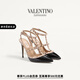 華倫天奴VALENTINO[禮物]女士 ROCKSTUD 漆皮鉚釘高跟鞋涼鞋 黑色/粉色 37