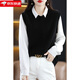 牧蘭奴卡  圓領(lǐng)套頭針織馬甲女純羊毛背心寬松休閑女士無(wú)袖馬夾 黑色 2XL