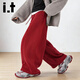 fingercroxx it紅色加絨彎刀衛褲女冬季新款寬松直筒休閑闊腿褲潮牌時(shí)尚長(cháng)褲 紅色長(cháng)褲 【官方正品】 M 推薦100-115斤