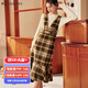 Olrain歐芮兒法式格子背帶連衣裙女秋冬年收腰復古背心裙 咖格 S