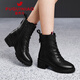 富貴鳥(niǎo)馬丁靴女士秋冬季短靴粗跟馬丁靴新款皮鞋 黑色單里    39   