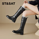 星期六黑色長(cháng)筒靴女2025冬季新款顯瘦不過(guò)膝英倫風(fēng)厚底高筒騎士靴