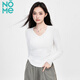 NOMe長(cháng)袖t恤女打底衫春季款V領(lǐng)褶皺內搭t恤修身正肩打底衫 白色 M