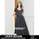 初語(yǔ)撞色假兩件拼接U領(lǐng)短袖連衣裙女2025夏季新款收腰中長(cháng)款裙子 深碳灰 M