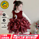 G.duck小黃鴨童裝拜年服女童連衣裙秋冬季加絨天鵝蛋糕裙兩件套寶寶裙子 紅色兩件套+頭紗 80 適合9-12月(75-85cm)