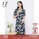 玖姿·安娜蔻圍裹式V領(lǐng)連衣裙女夏印花彈力法式泡泡袖裙子 花黑 2XL