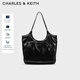CHARLES&KEITH柔軟褶皺大容量單肩托特包包女包生日禮物圣誕禮物CK2-30782457 Black黑色 大包