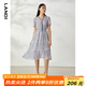 藍地（LANDI）v領(lǐng)系帶印花連衣裙淺藍色短袖中長(cháng)裙子夏季女裝 淺藍色 M