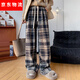 稍鳶梢卿褲子女秋冬直筒褲闊腿褲休閑寬松加絨加厚保暖高腰長(cháng)褲 【藏青色】 常規 L 95-110斤