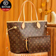 香港專(zhuān)柜2025新款老花托特包女大容量購物袋中古單肩斜挎包真皮包 咖色【主圖視頻款】+贈送絲巾