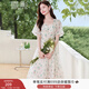 香影（xiangying）泡泡袖碎花連衣裙女2025夏裝新款桃心領(lǐng)裙子溫柔風(fēng)印花雪紡裙 綠色 M