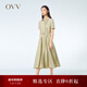 OVV春夏熱賣(mài)女裝抽褶收腰襯衫式版型休閑A字傘裙短袖連衣裙 卡其綠（凈色）07 XS