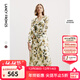朗姿復古印花褶皺設計感氣質(zhì)曠野美拉德裙子女秋季新款長(cháng)袖連衣裙 卡其綠色 M