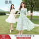 香影（xiangying）碎花v領(lǐng)連衣裙女夏2025新款印花高腰淑女綠色小清新桔梗裙子 綠色 S