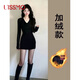 UISSMO連衣裙秋冬黑色v領(lǐng)包臀女大衣內搭打底修身加絨加厚冬天短裙子 黑色v領(lǐng)包臀裙【加絨款】 S 【80-95斤】