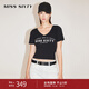 MISS SIXTY針織衫女短袖V領(lǐng)鏤空綁帶時(shí)尚印花含桑蠶絲短款上衣 黑色 S
