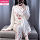 莫代爾女士睡衣女2026春季新款家居服水光綢高品質(zhì)國風(fēng)印花長(cháng)袖冰絲套裝 繁花-一枝梅長(cháng)袖款 XL 115-130斤