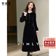 梵希蔓（vimly）法式名媛風(fēng)絲絨a字連衣裙女冬新款木耳邊圓領(lǐng)小黑長(cháng)裙 黑色 L