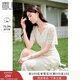 香影（xiangying）v領(lǐng)蕾絲連衣裙女2025夏季新款重工米白色高級感法式鏤空裙子 米色 M