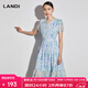 藍地（LANDI）2023年夏季新款淺藍色v領(lǐng)印花碎花連衣裙女雪紡中長(cháng)裙子 淺藍色 S