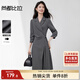 尚都比拉氣質(zhì)平駁領(lǐng)長(cháng)袖連衣裙女秋季不規則下擺西裝裙收腰顯瘦中長(cháng)裙
