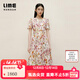 LIME朗姿集團萊茵福萊爾收腰印花連衣裙25夏新款度假風(fēng)褶皺裙擺長(cháng)裙 米白色 M