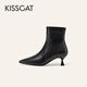 接吻貓KISSCAT【巴黎側影】25冬尖頭細跟真皮短靴加絨時(shí)裝靴瘦瘦靴 黑色-羊皮 37