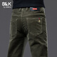 班尼路S&K秋冬季燈芯絨休閑褲男士修身小直筒加絨加厚保暖冬天長(cháng)褲子男 621軍綠色 常規 29 【105-115斤】